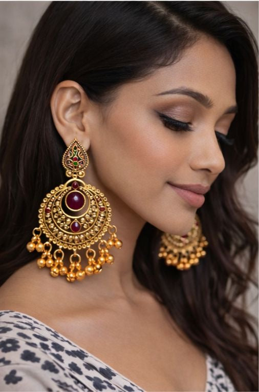 Rani Noor Ruby Gold Chandbali Earrings