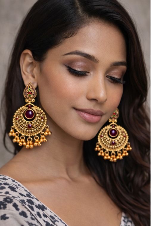 Rani Noor Ruby Gold Chandbali Earrings