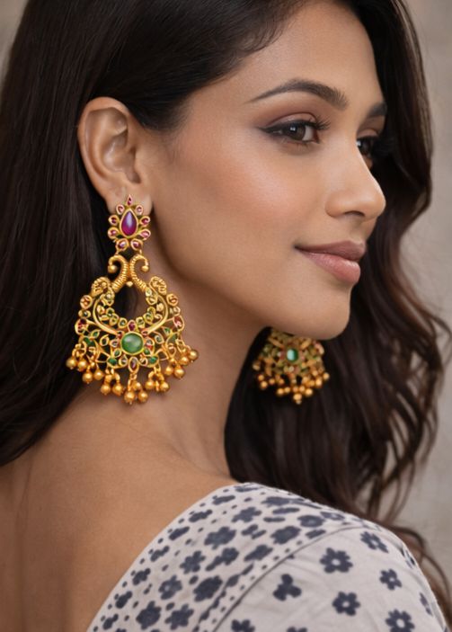 Kesar Meera Ruby-Emerald Jhumka Chandbali