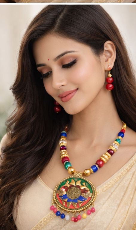 Rangmahal Floral Enamel Pendant Necklace