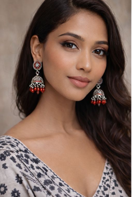 Laal Sitara Oxidised Silver Jhumkas