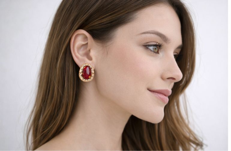 AGM Luxe Ruby Flame Halo Stud Earrings