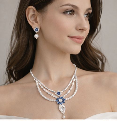 Blue Blossom Pearl Necklace Set