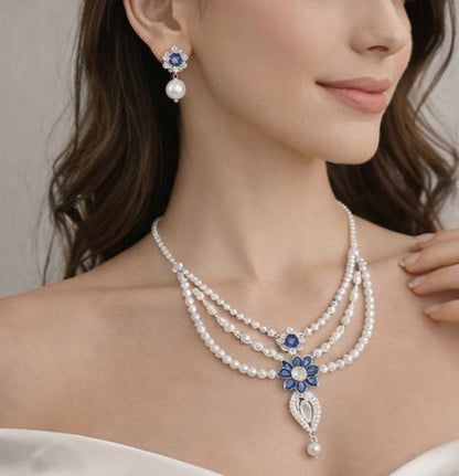 Blue Blossom Pearl Necklace Set