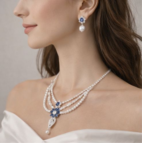 Blue Blossom Pearl Necklace Set